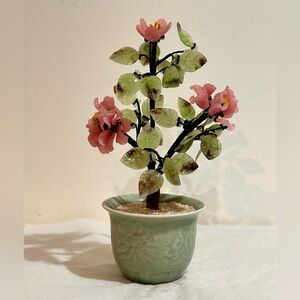 MCM Chinese Cherry Blossom Bonsai Tree Pink W/Navy Blue Silk Thread Celadon Pot